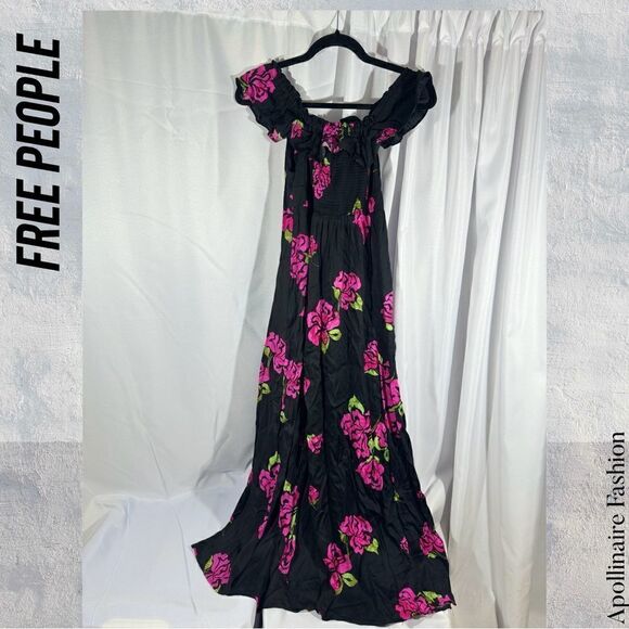 FREE PEOPLE SHE’S A DREAM MAXI DRESS SP IN BLACK COMBO PINK FLORAL PRINT NWOT - Picture 7 of 7